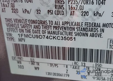 2012 Ford Escape Xlt z USA, uszkodzony, nr VIN 1FMCU9D74CKC35051